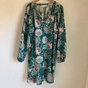 Loft Outlet Green Floral Paisley Shift Dress Womens Large Long Sleeve Split Neck